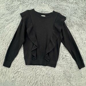 Everly Sweater Womens Small Black Ruffle Lightweight Crewneck Ribbed Cuffs